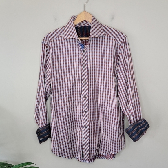 Robert Graham | Rust Brown Blue Tan Plaid Shirt Size Medium - Picture 3 of 8
